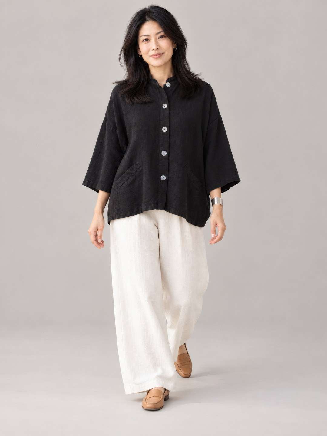 Bryn Walker Heavy Linen Danuta Jacket in Black, full outfit on model