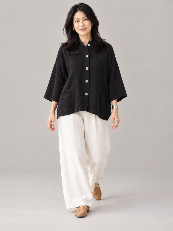 Bryn Walker Heavy Linen Danuta Jacket in Black, full outfit on model
