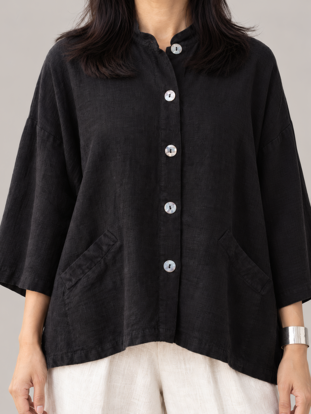 Bryn Walker Heavy Linen Danuta Jacket in Black, close up of the fabric and details