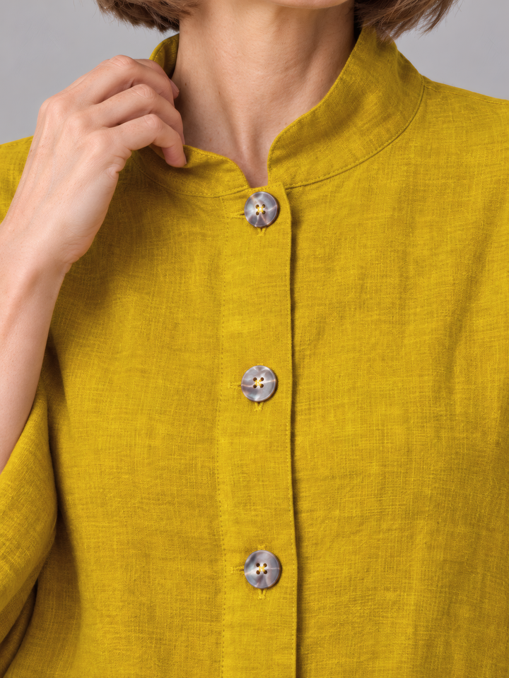 Bryn Walker Heavy Linen Danuta Jacket in Dandelion, close up of the fabric and details