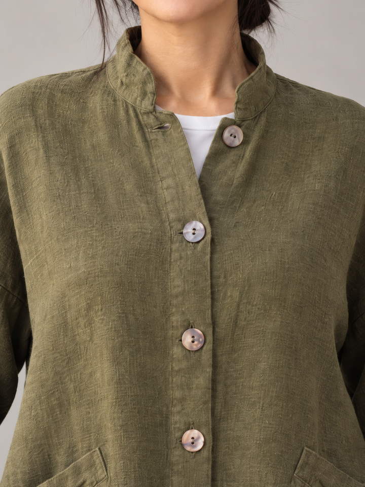 Bryn Walker Heavy Linen Danuta Jacket in Dulse, close up of the fabric and details