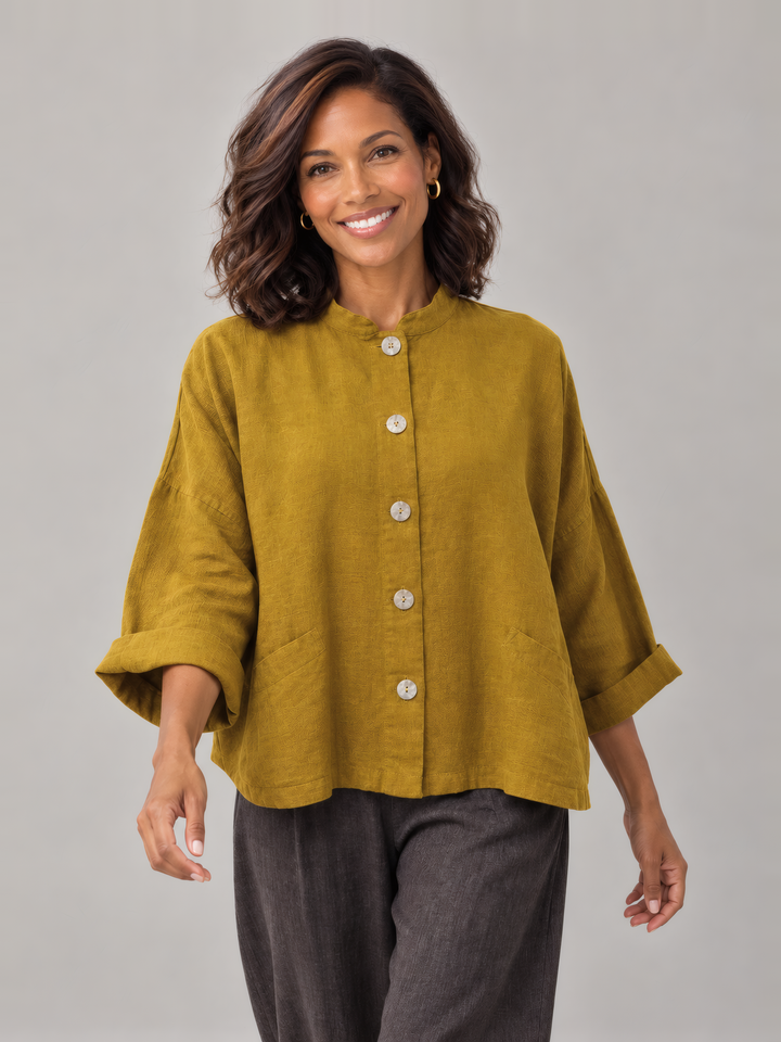 Bryn Walker Heavy Linen Danuta Jacket in Honeycomb, front view on model