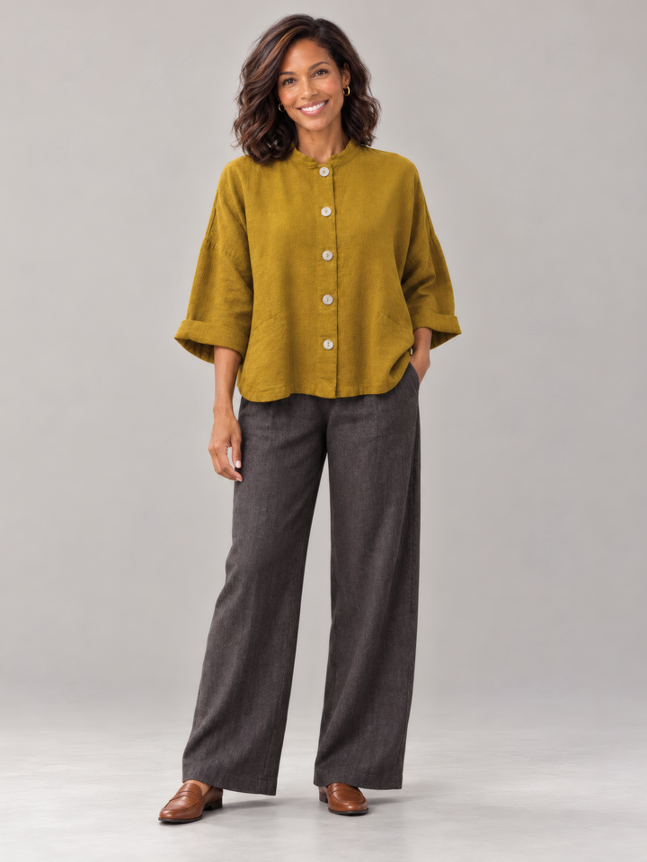 Bryn Walker Heavy Linen Danuta Jacket in Honeycomb, full outfit on model