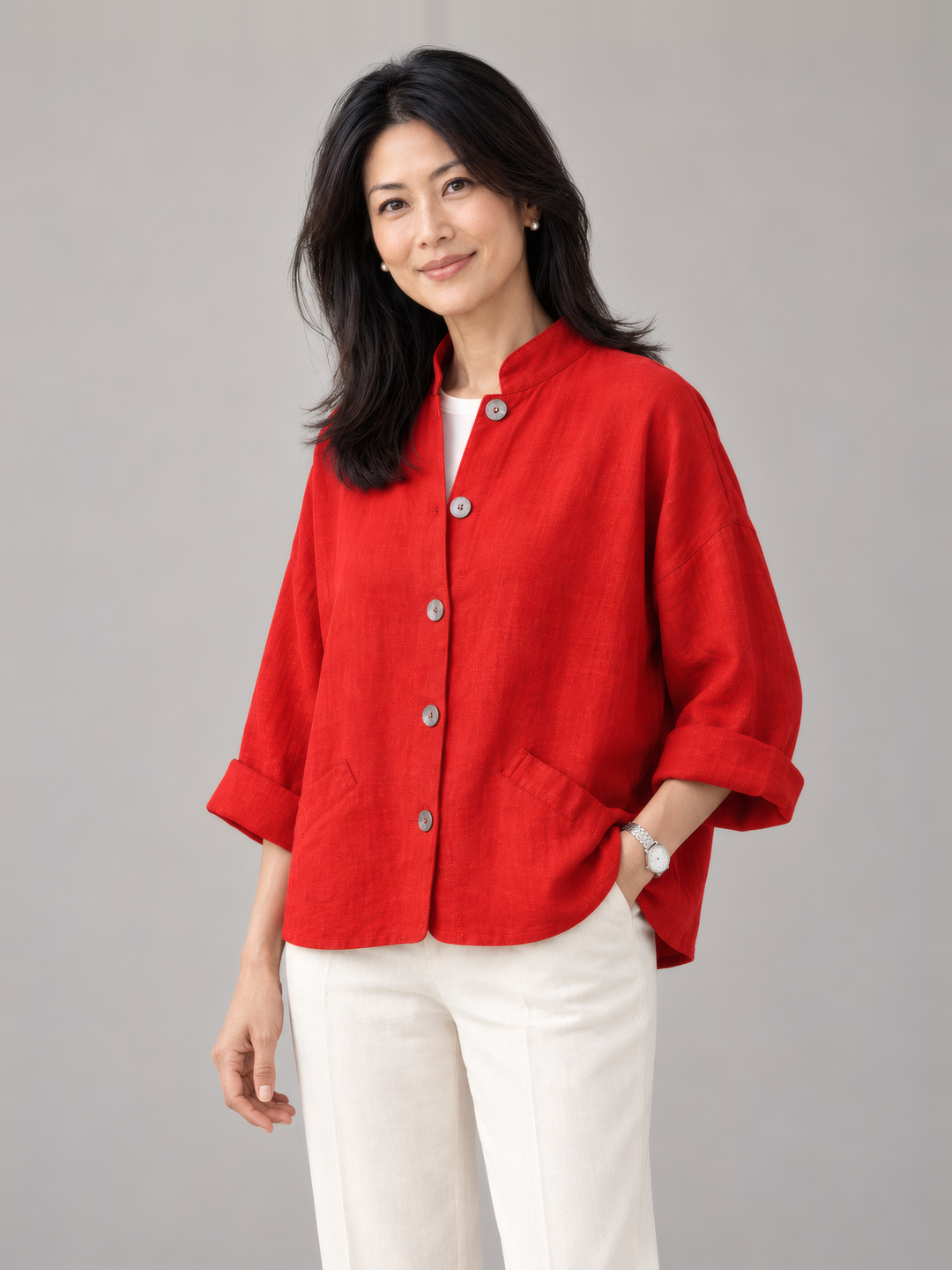 Bryn Walker Heavy Linen Danuta Jacket in Jester, front view on model