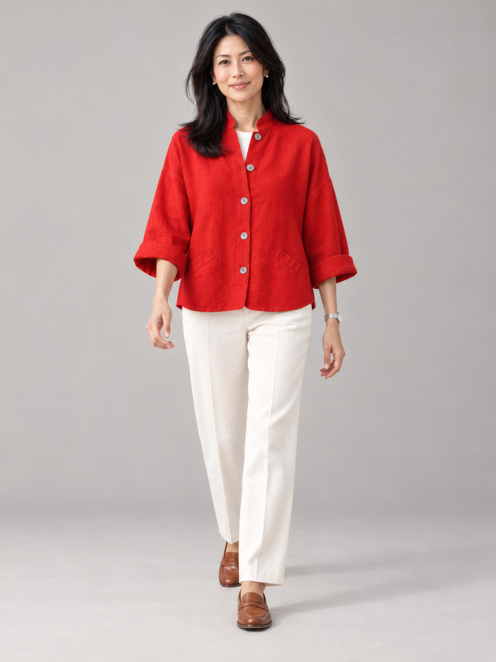 Bryn Walker Heavy Linen Danuta Jacket in Jester, full outfit on model
