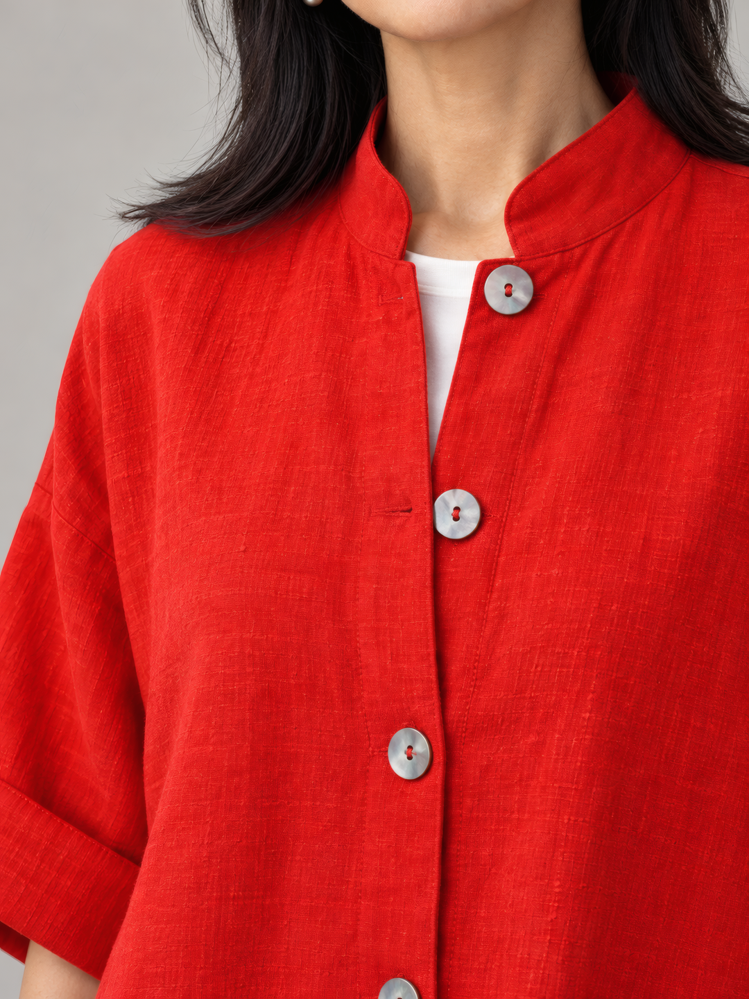 Bryn Walker Heavy Linen Danuta Jacket in Jester, close up of the fabric and details