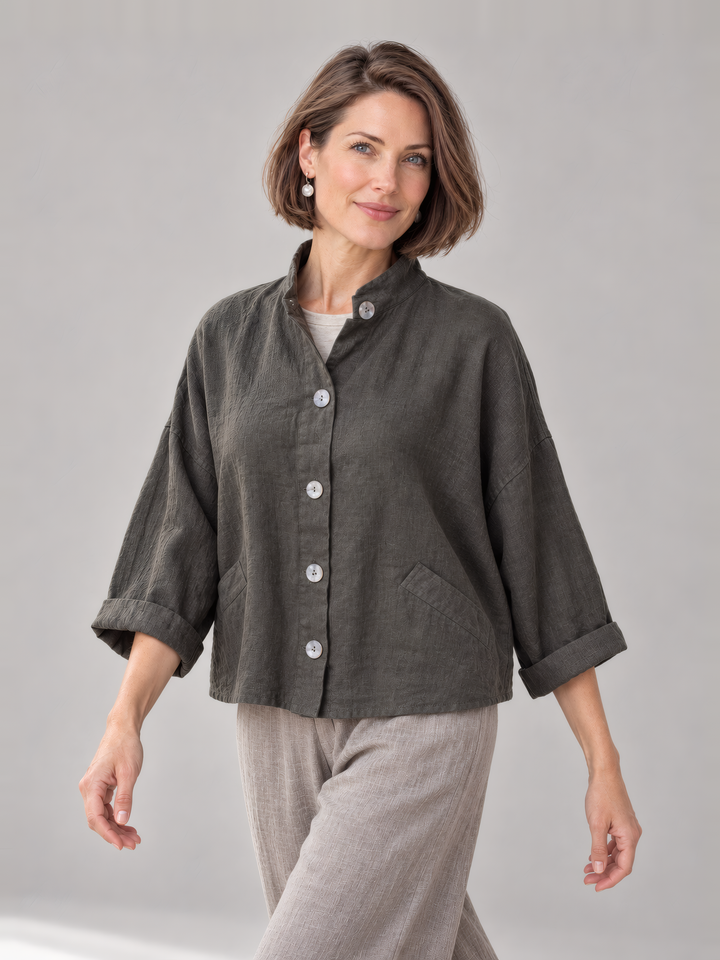 Bryn Walker Heavy Linen Danuta Jacket in Kelp, front view on model