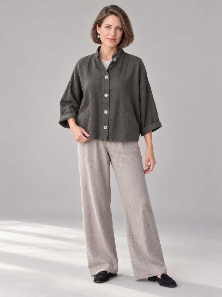 Bryn Walker Heavy Linen Danuta Jacket in Kelp, full outfit on model
