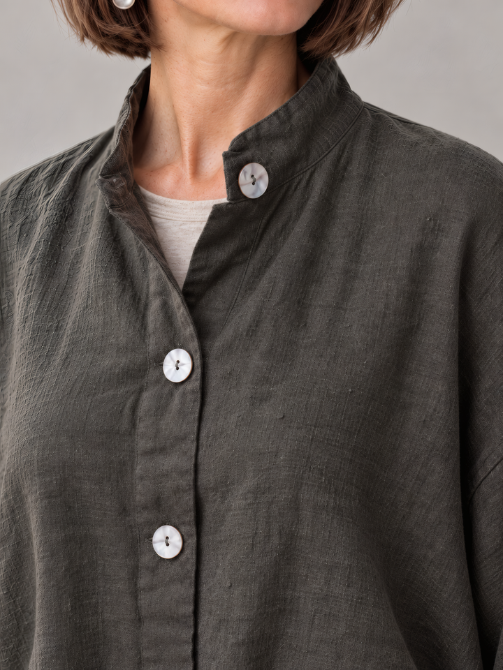 Bryn Walker Heavy Linen Danuta Jacket in Kelp, close up of the fabric and details