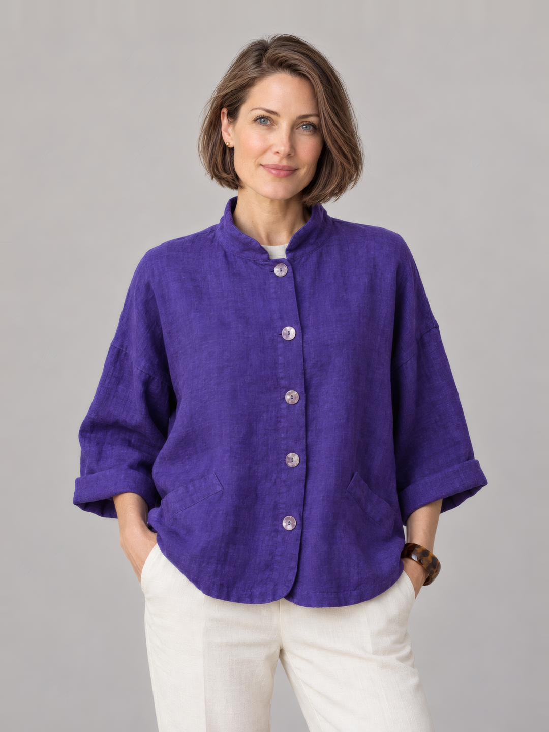 Bryn Walker Heavy Linen Danuta Jacket in Lupine, front view on model