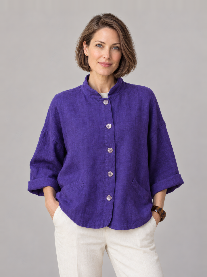Bryn Walker Heavy Linen Danuta Jacket in Lupine, front view on model