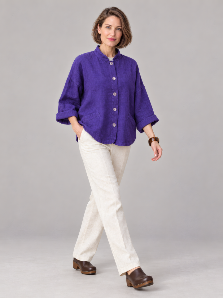 Bryn Walker Heavy Linen Danuta Jacket in Lupine, full outfit on model