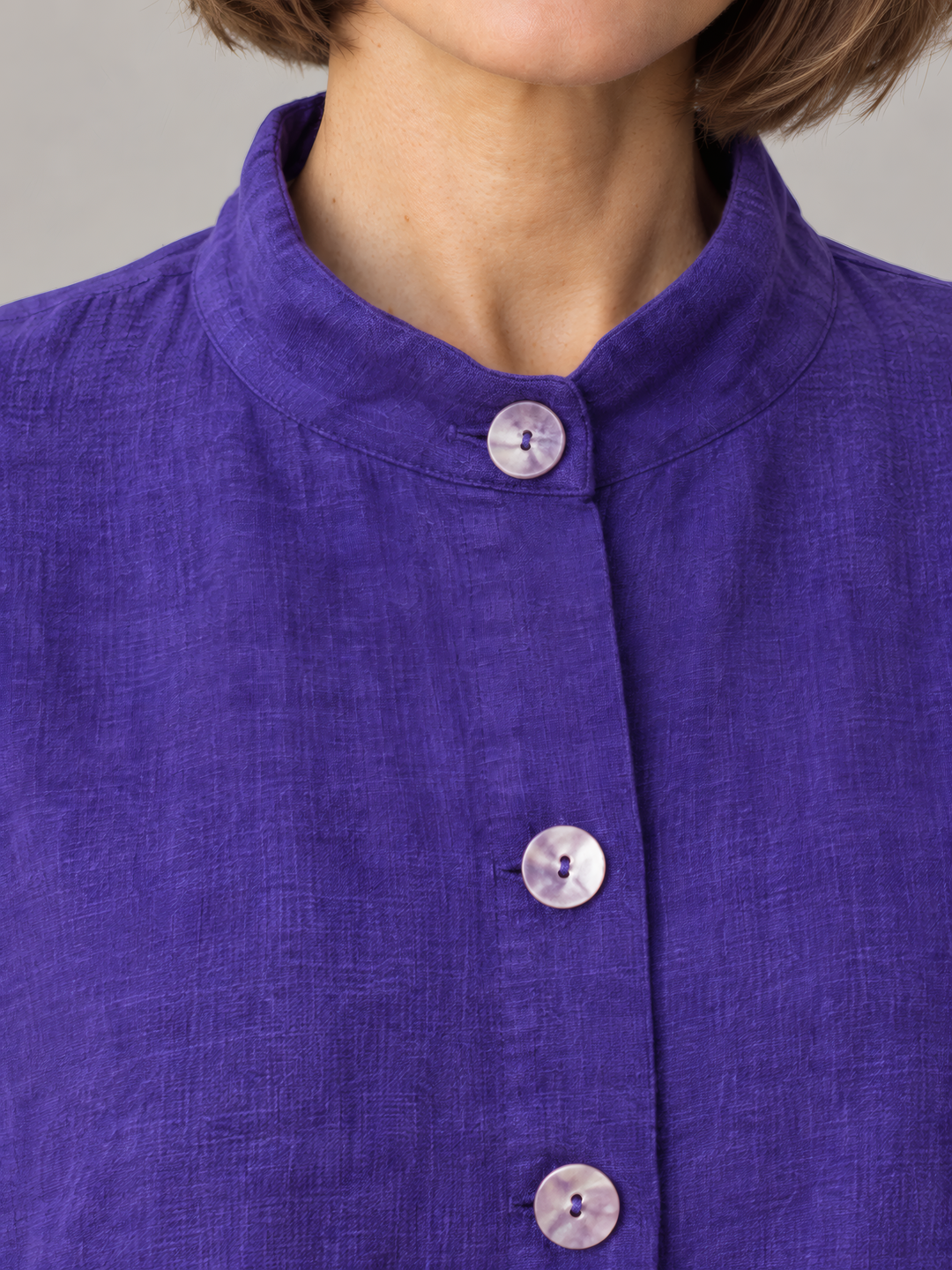 Bryn Walker Heavy Linen Danuta Jacket in Lupine, close up of the fabric and details