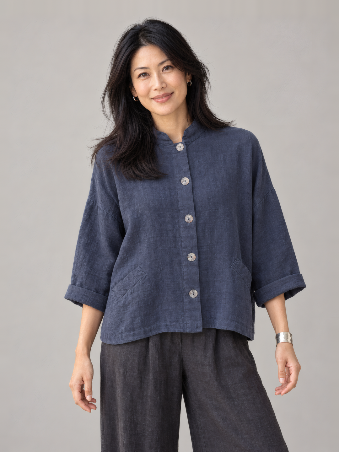 Bryn Walker Heavy Linen Danuta Jacket in Orion, front view on model