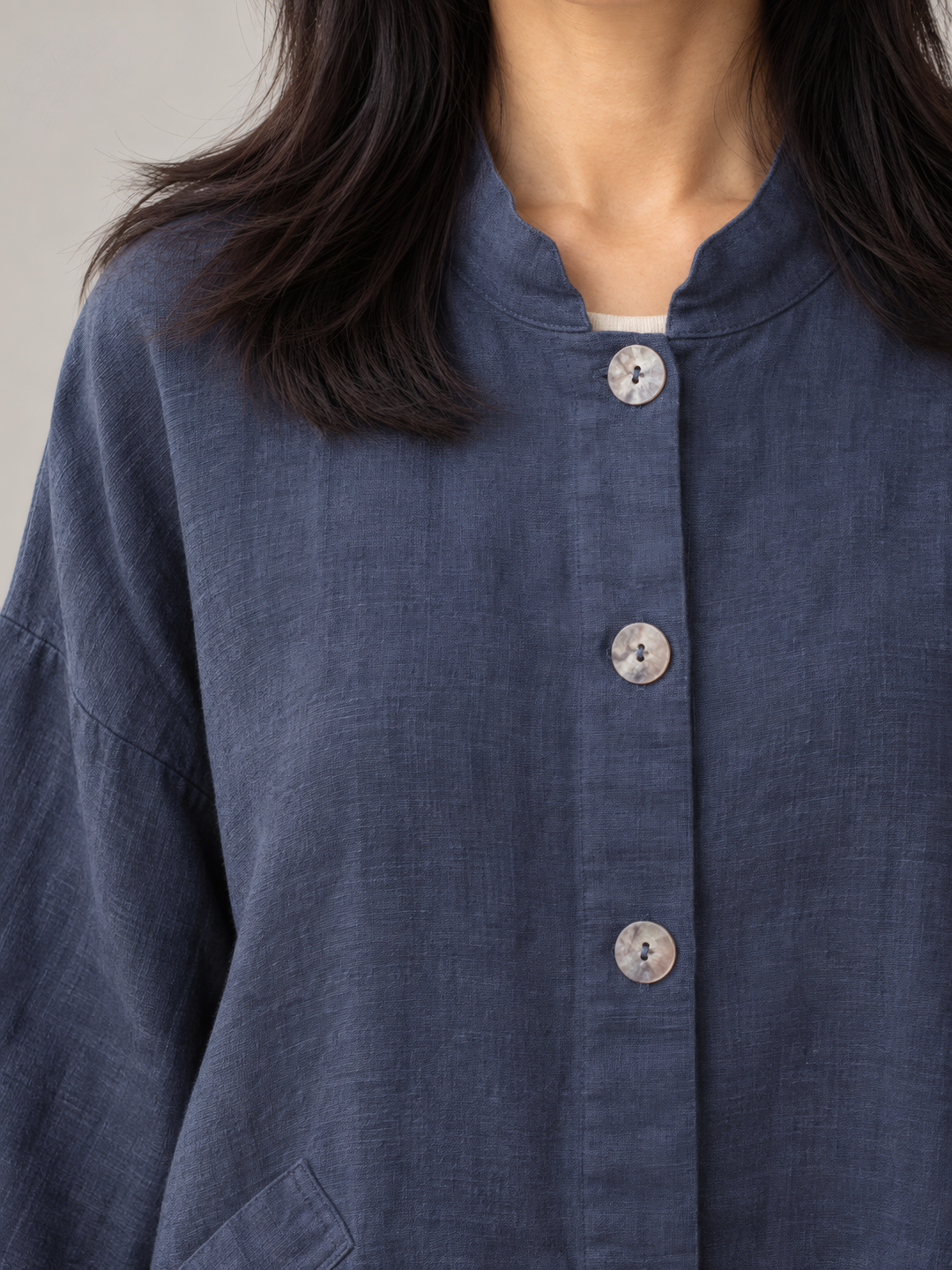 Bryn Walker Heavy Linen Danuta Jacket in Orion, close up of the fabric and details