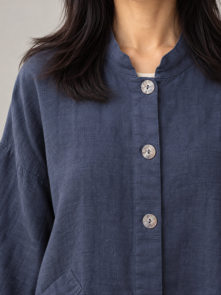 Bryn Walker Heavy Linen Danuta Jacket in Orion, close up of the fabric and details