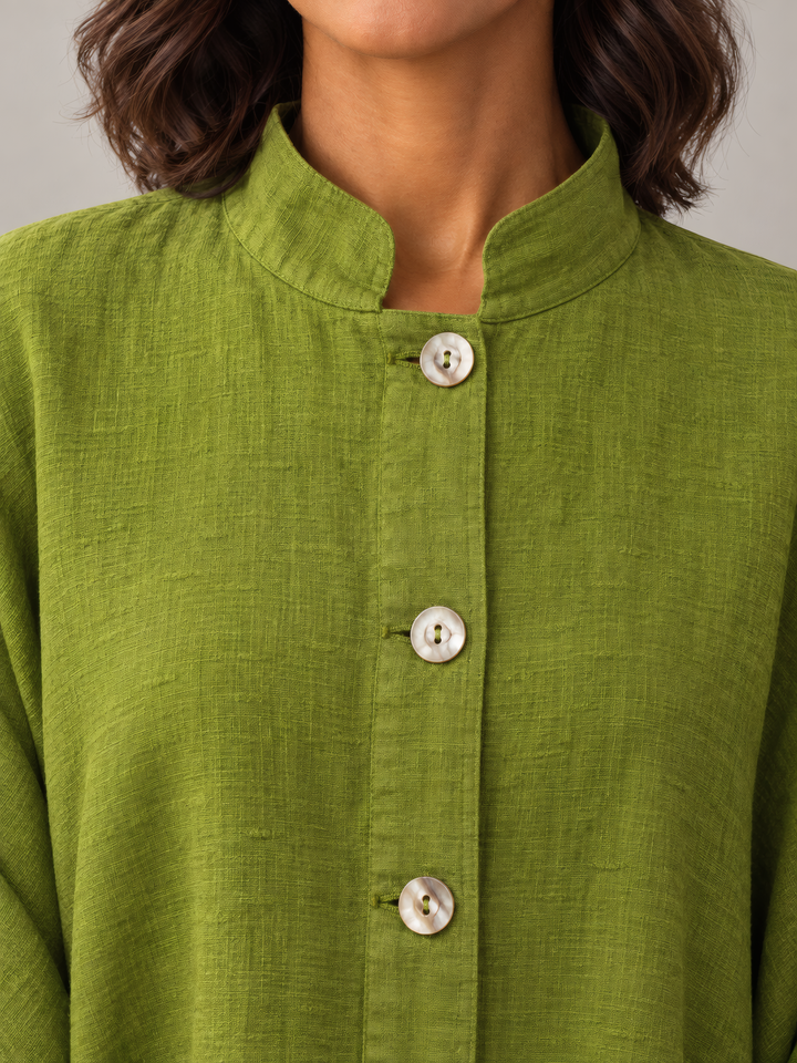 Bryn Walker Heavy Linen Danuta Jacket in Romanesco, close up of the fabric and details