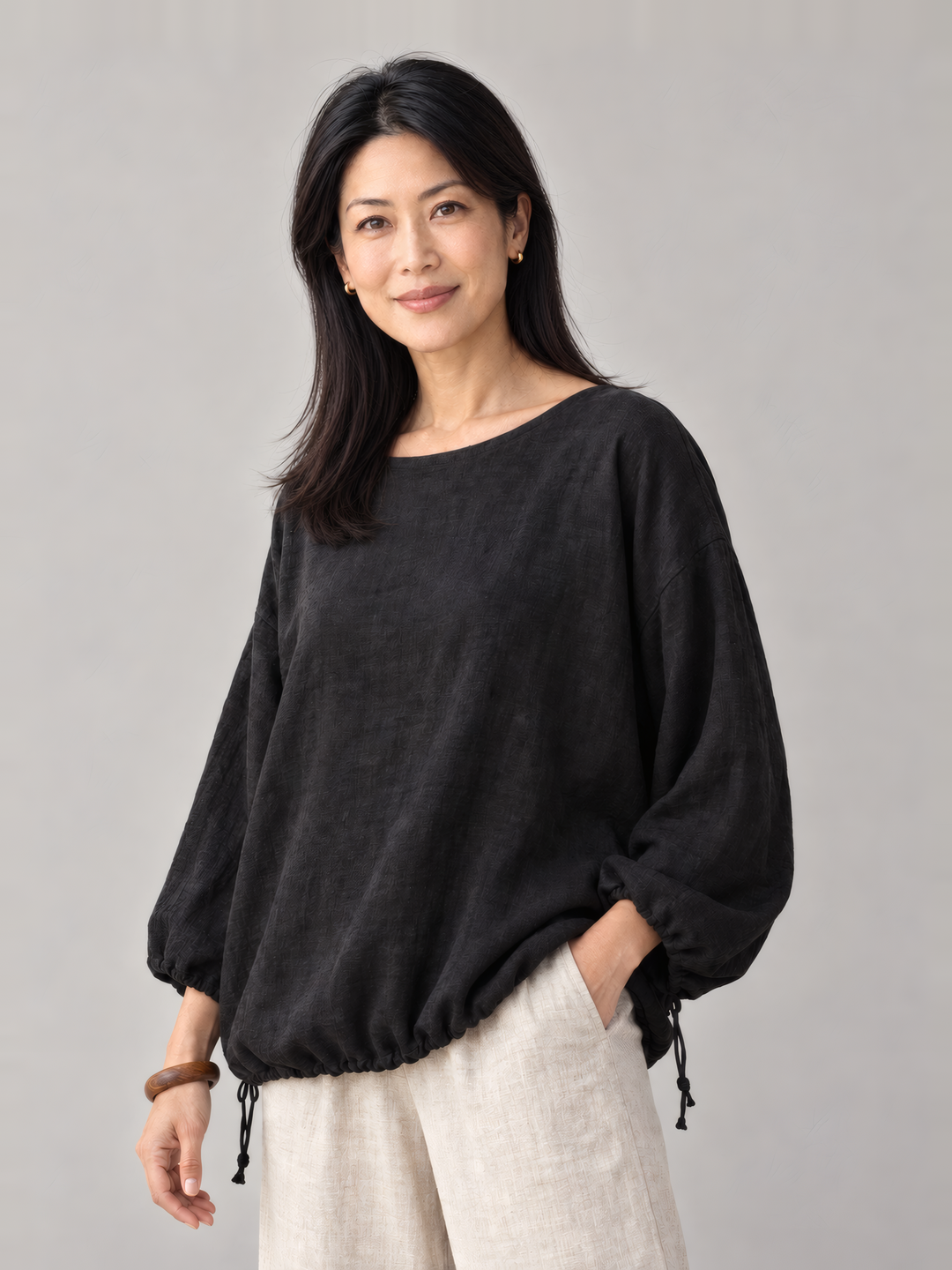 Bryn Walker Heavy Linen Gia Tunic in Black, front view on model