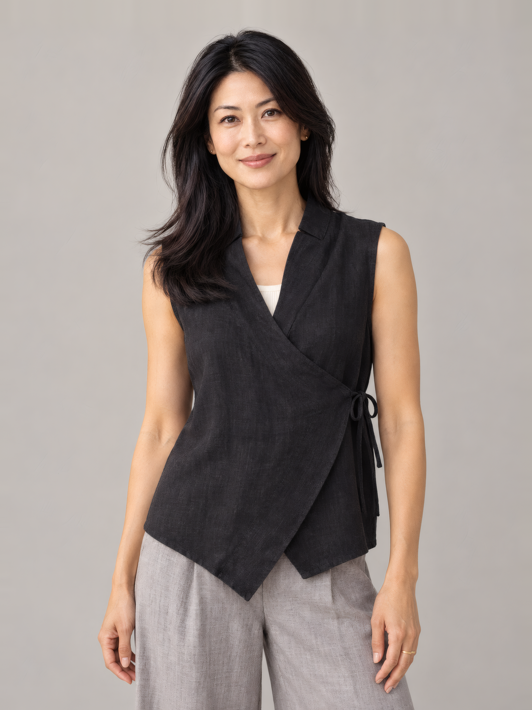 Bryn Walker Heavy Linen Koryo Vest in Black, front view on model