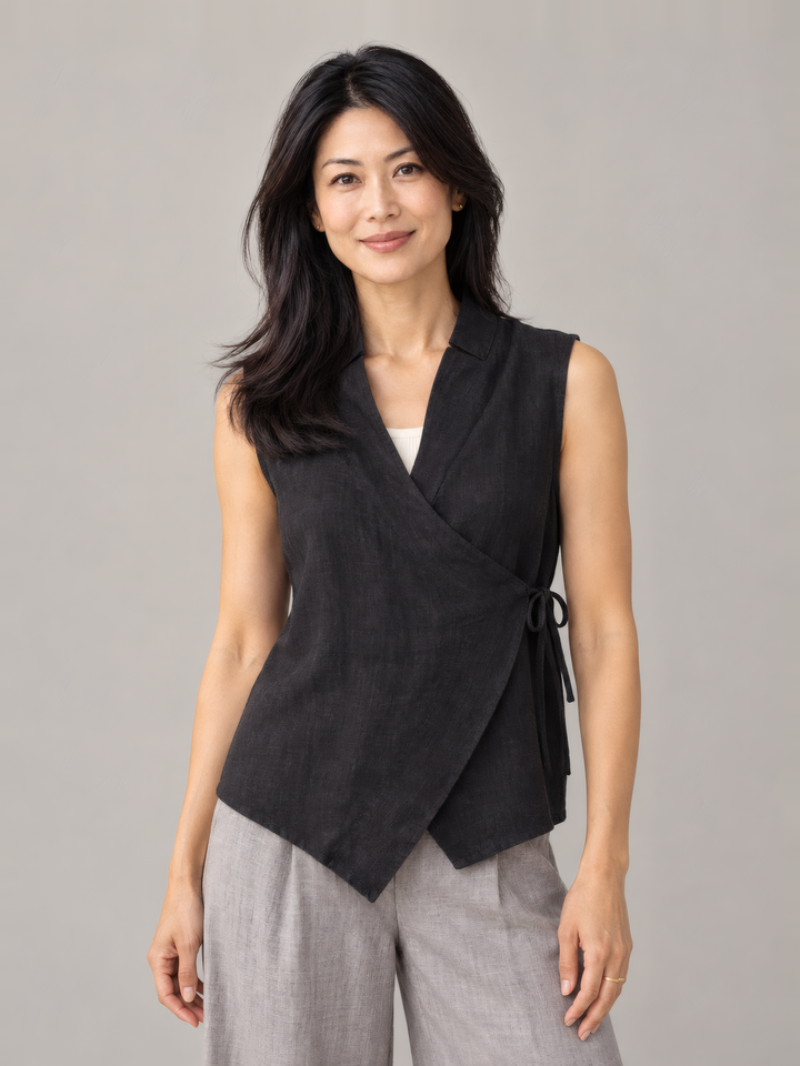 Bryn Walker Heavy Linen Koryo Vest in Black, front view on model