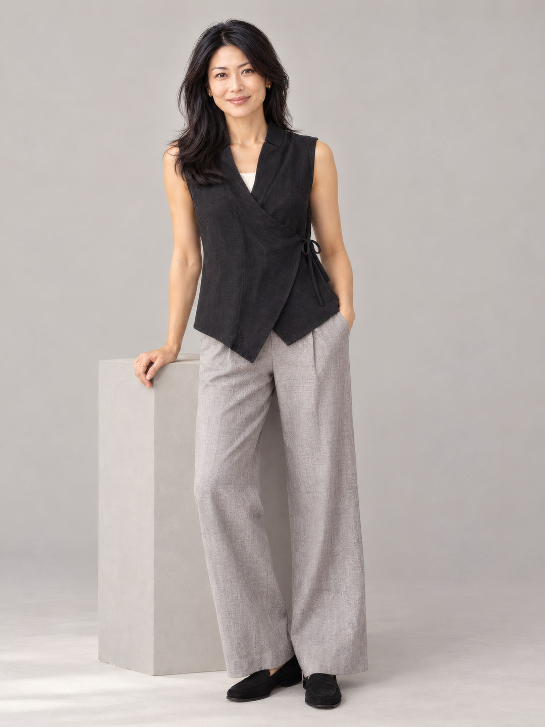 Bryn Walker Heavy Linen Koryo Vest in Black, full outfit on model
