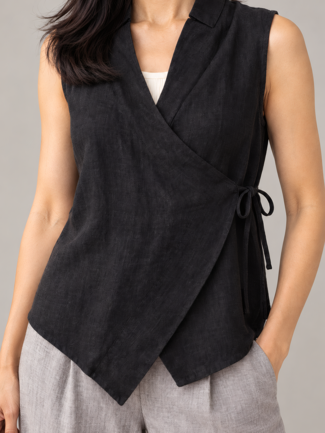 Bryn Walker Heavy Linen Koryo Vest in Black, close up of the fabric and details
