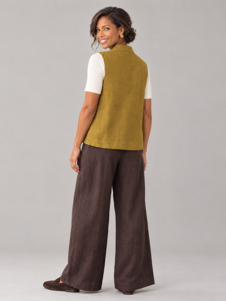 Bryn Walker Heavy Linen Koryo Vest in Honeycomb, back view on model