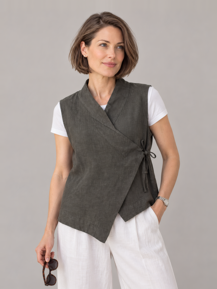 Bryn Walker Heavy Linen Koryo Vest in Kelp, front view on model