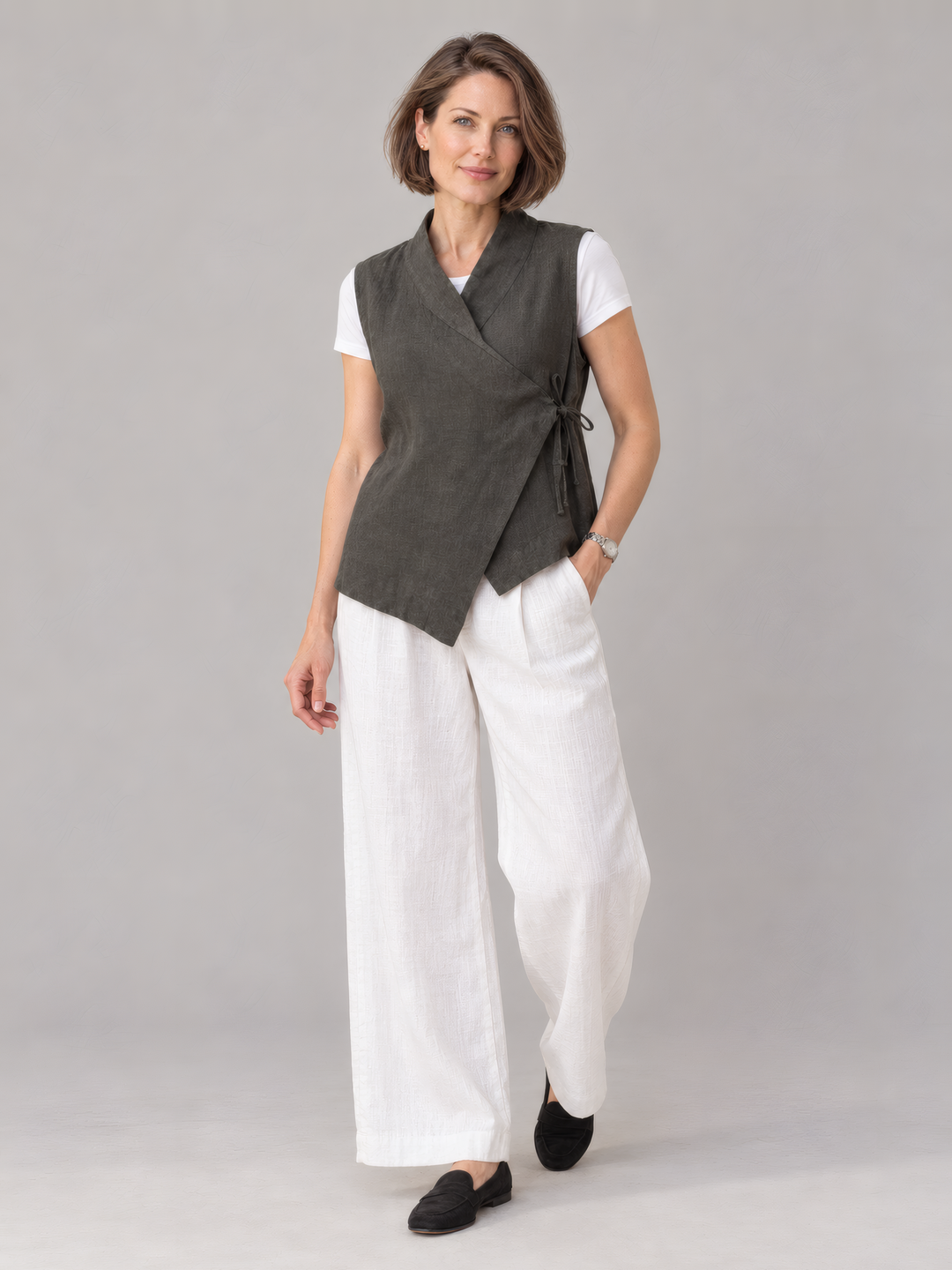 Bryn Walker Heavy Linen Koryo Vest in Kelp, full outfit on model