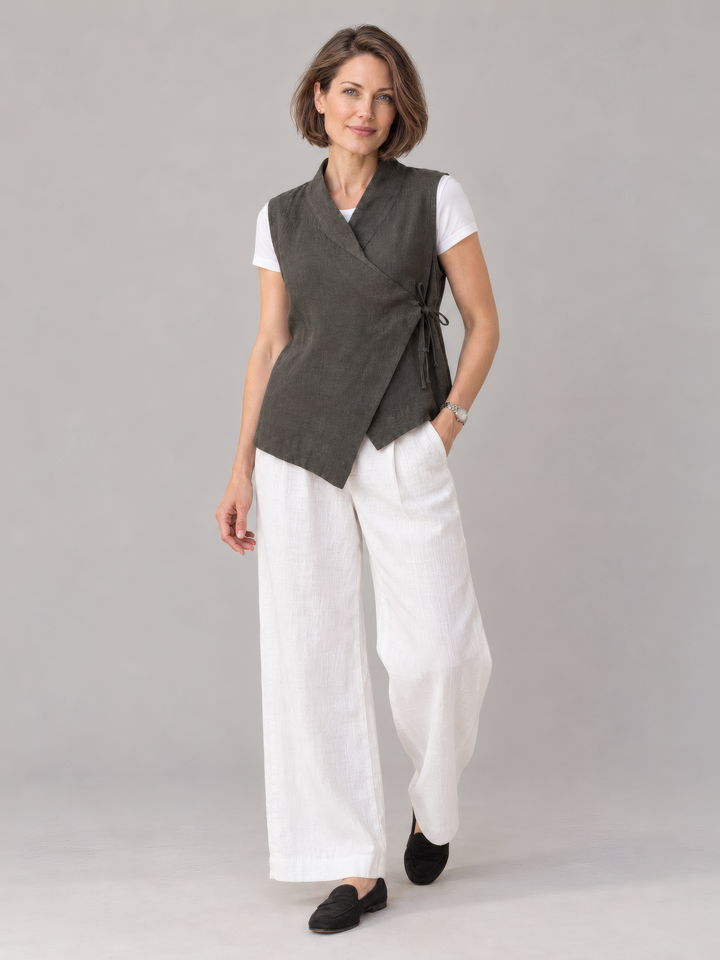 Bryn Walker Heavy Linen Koryo Vest in Kelp, full outfit on model