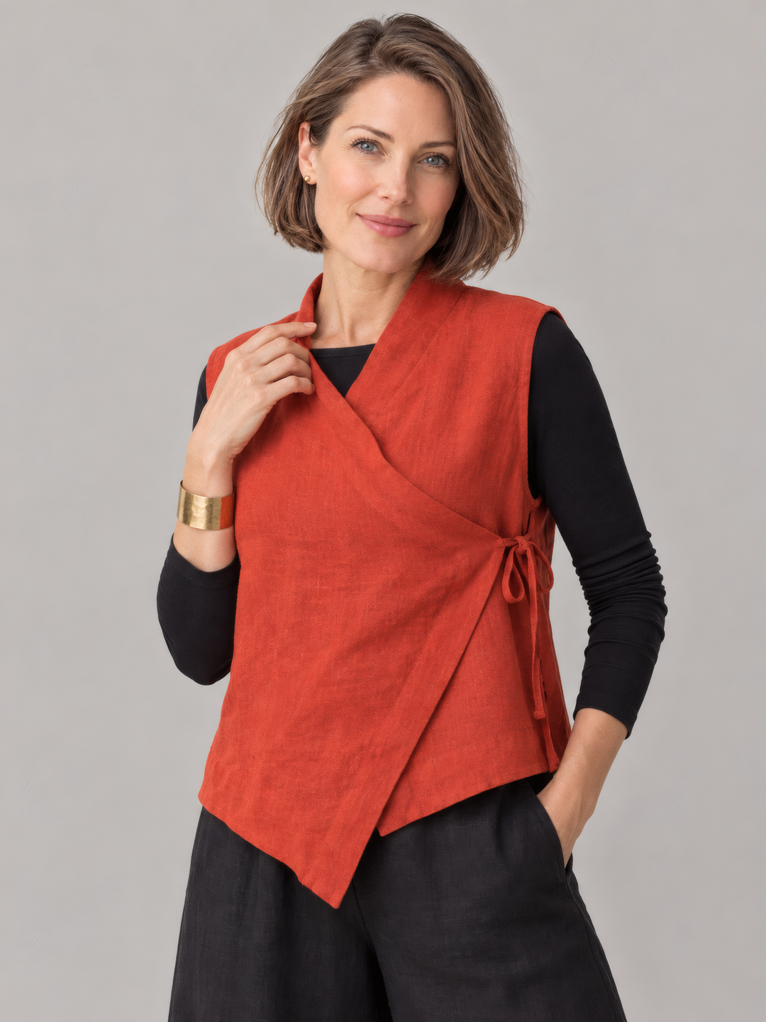 Bryn Walker Heavy Linen Koryo Vest in Uni, front view on model