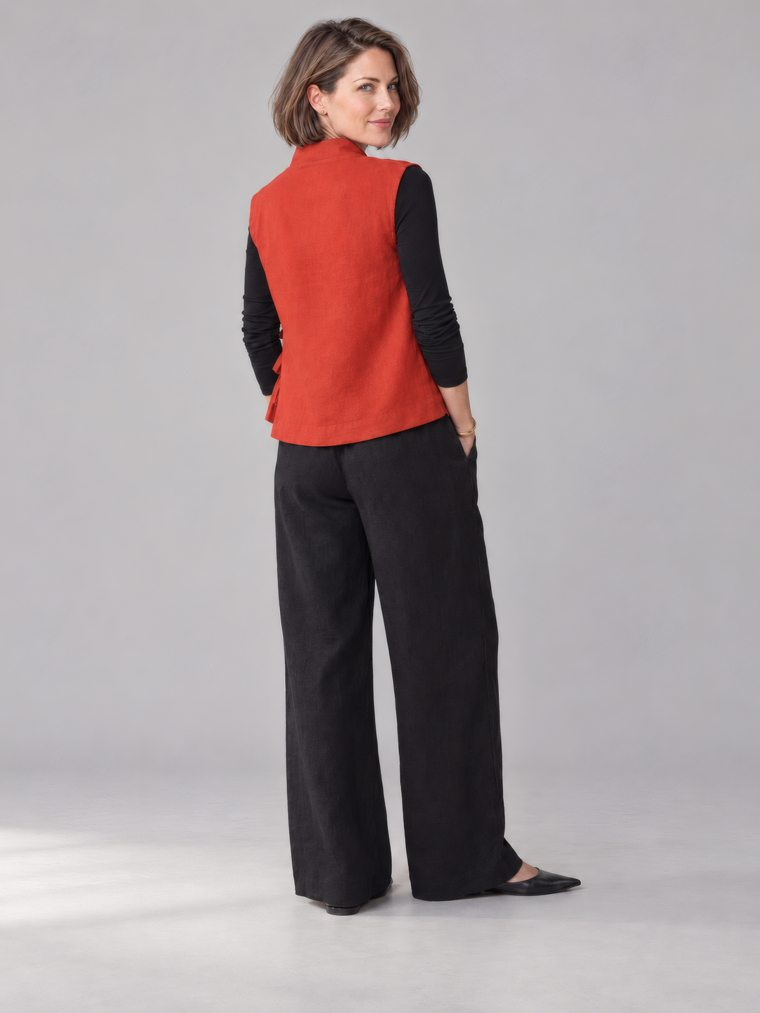 Bryn Walker Heavy Linen Koryo Vest in Uni, back view on model
