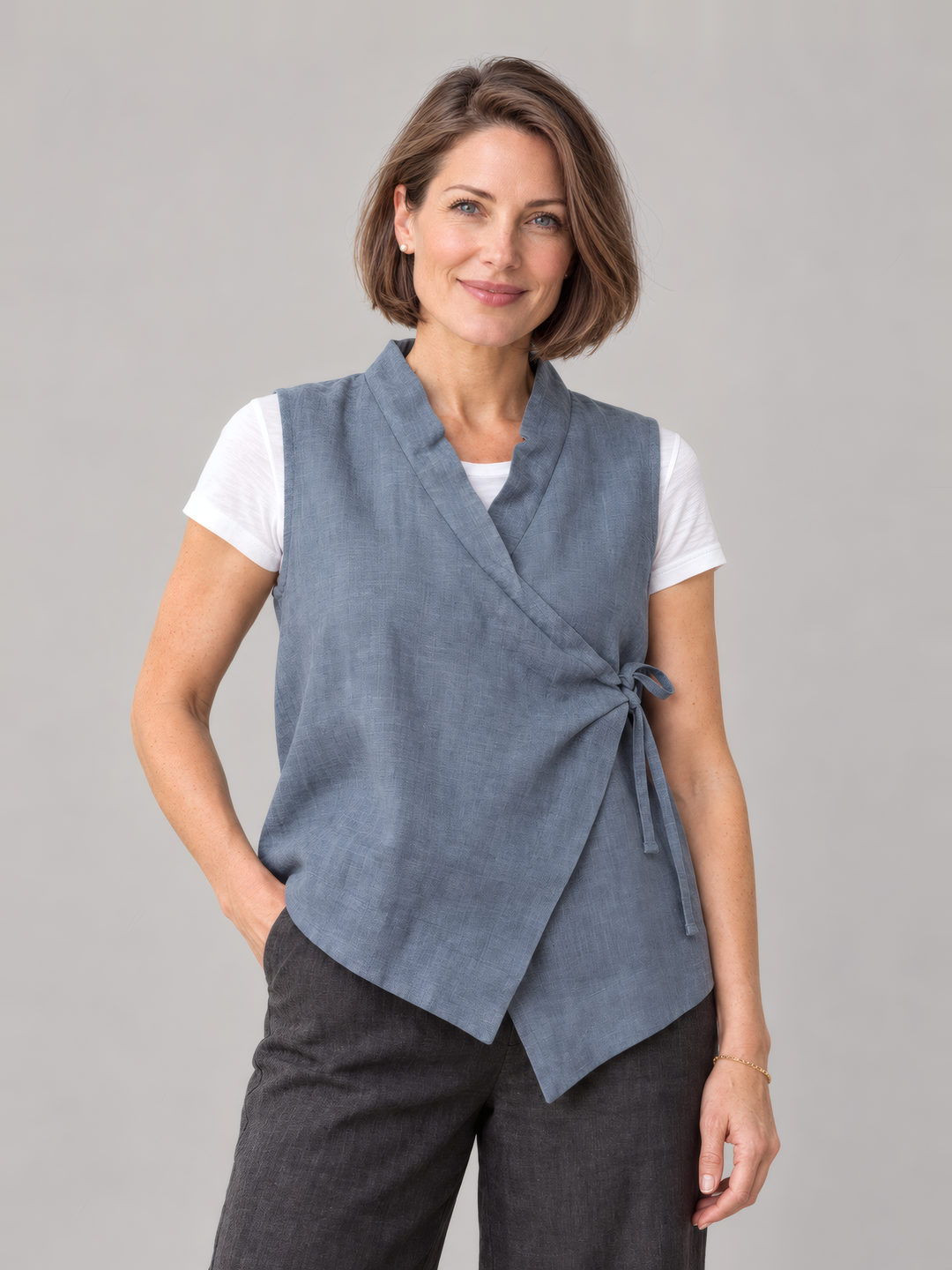 Bryn Walker Heavy Linen Koryo Vest in Ventana, front view on model