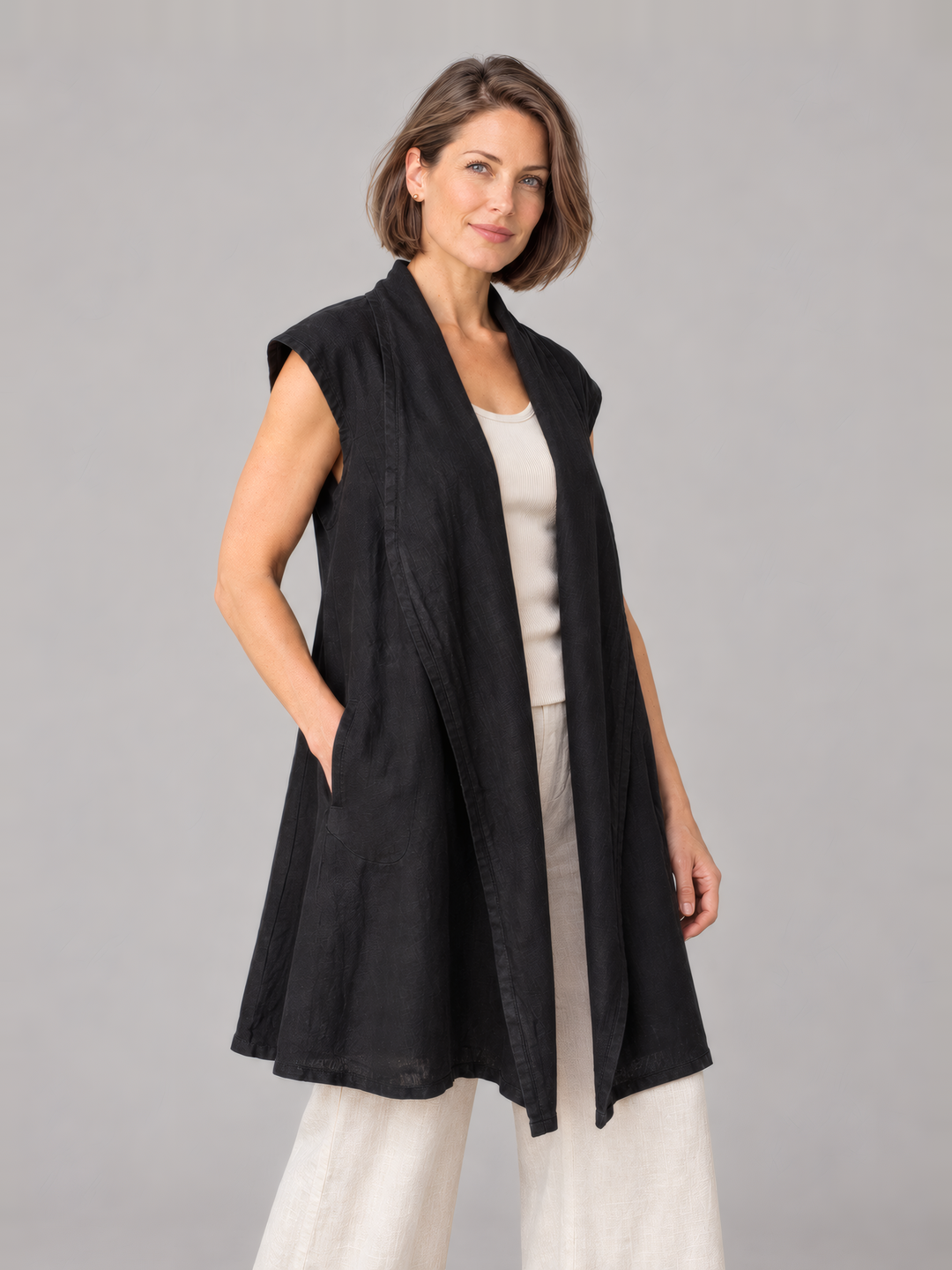 Bryn Walker Heavy Linen Marcella Vest in Black, front view on model