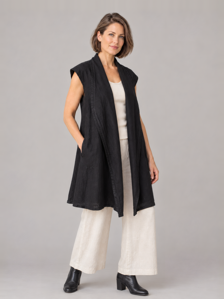 Bryn Walker Heavy Linen Marcella Vest in Black, full outfit on model