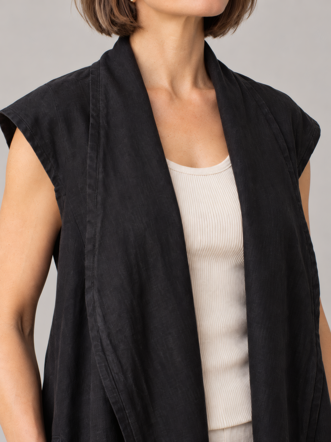 Bryn Walker Heavy Linen Marcella Vest in Black, close up of the fabric and details