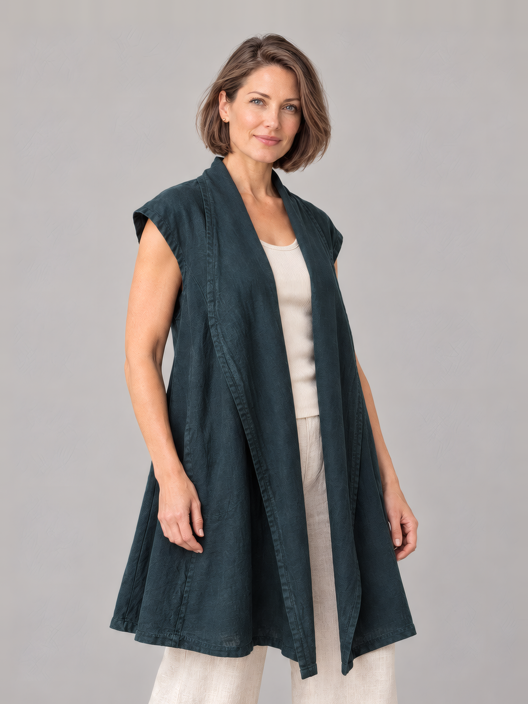 Bryn Walker Heavy Linen Marcella Vest in Lyrebird, front view on model
