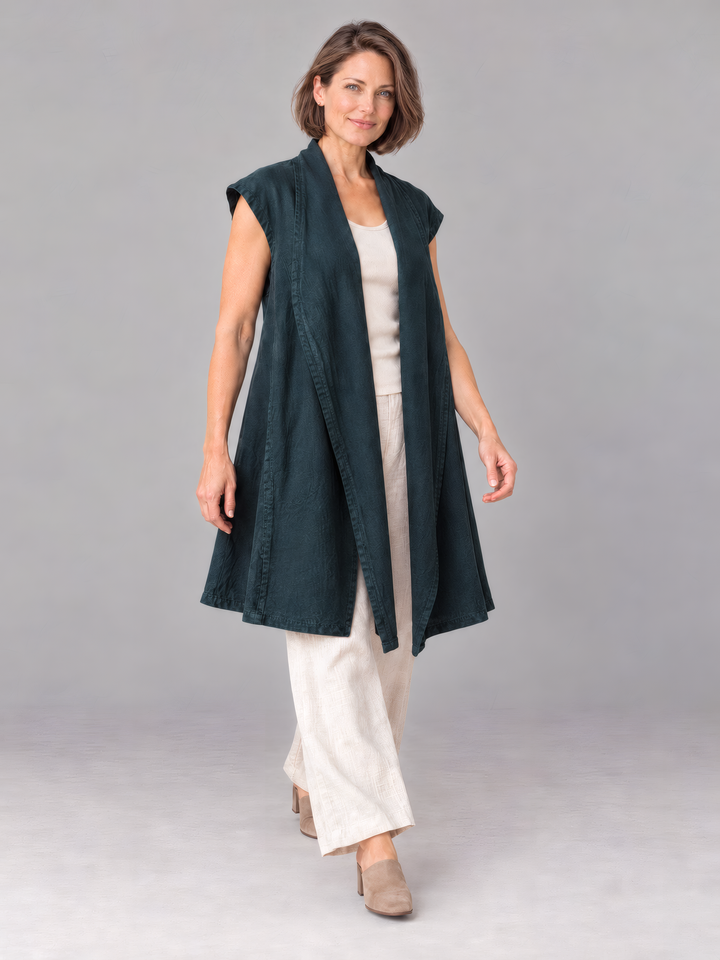 Bryn Walker Heavy Linen Marcella Vest in Lyrebird, full outfit on model
