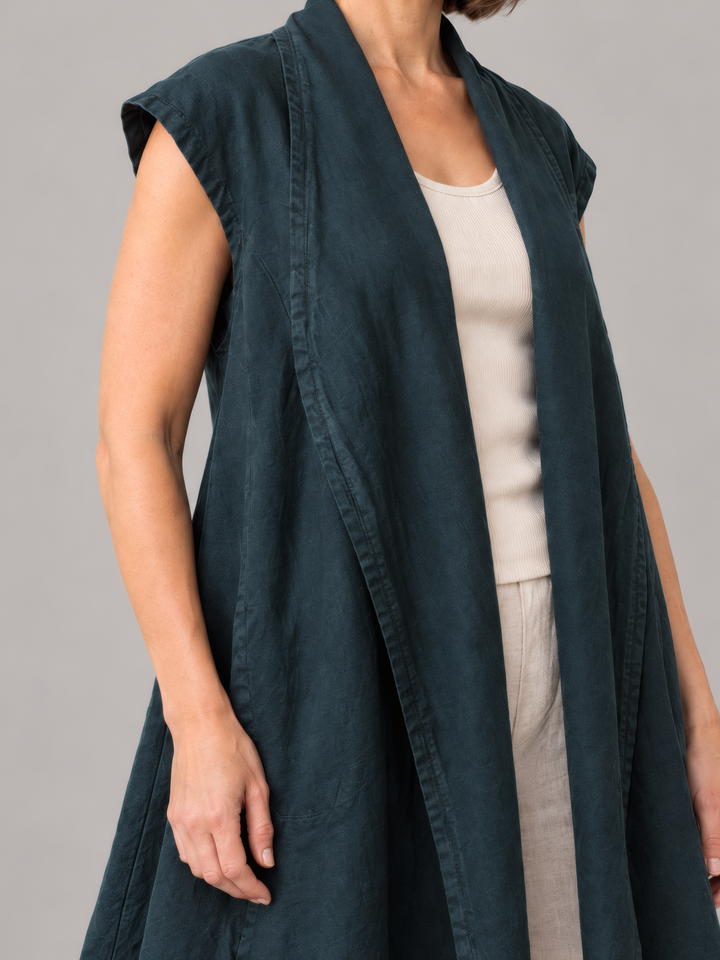 Bryn Walker Heavy Linen Marcella Vest in Lyrebird, close up of the fabric and details