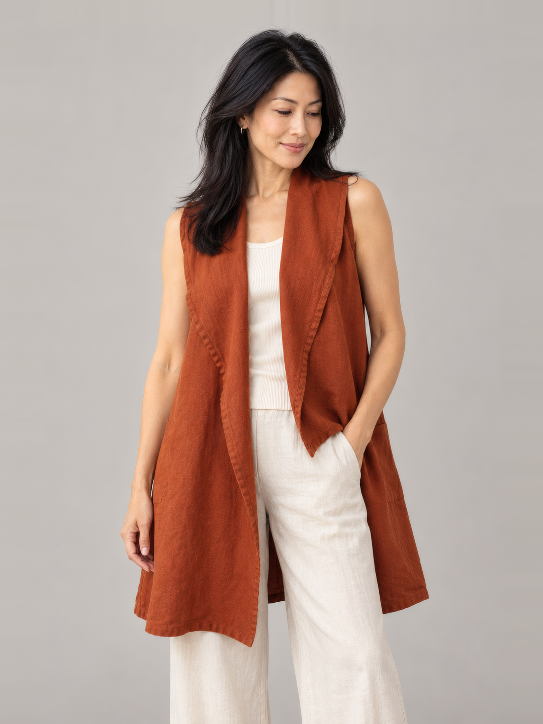 Bryn Walker Heavy Linen Marcella Vest in Sequoia, front view on model