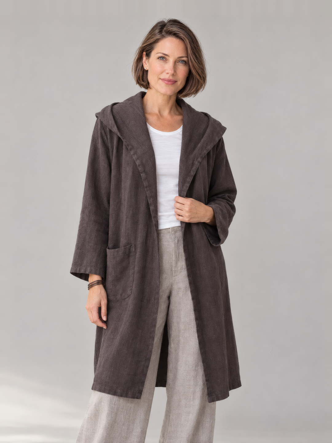 Bryn Walker Heavy Linen Morgen Jacket in Terrapin, front view on model