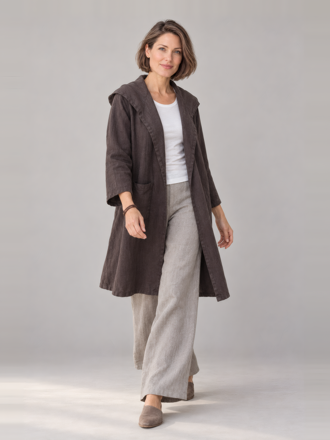 Bryn Walker Heavy Linen Morgen Jacket in Terrapin, full outfit on model