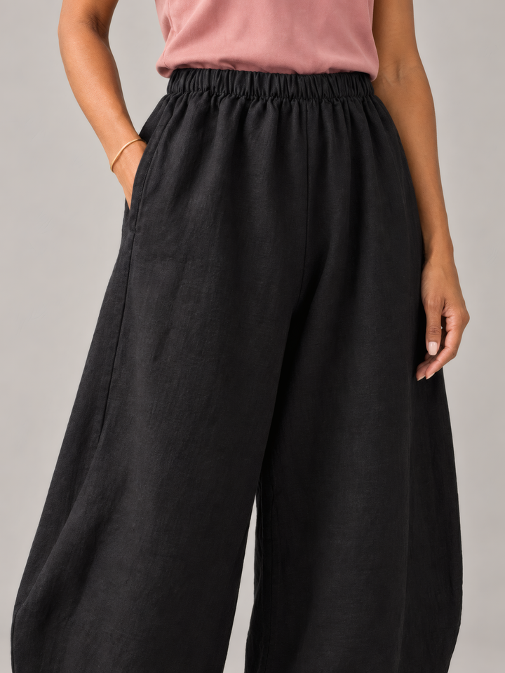 Bryn Walker Heavy Linen Oliver Pant in Black, close up of the fabric and details