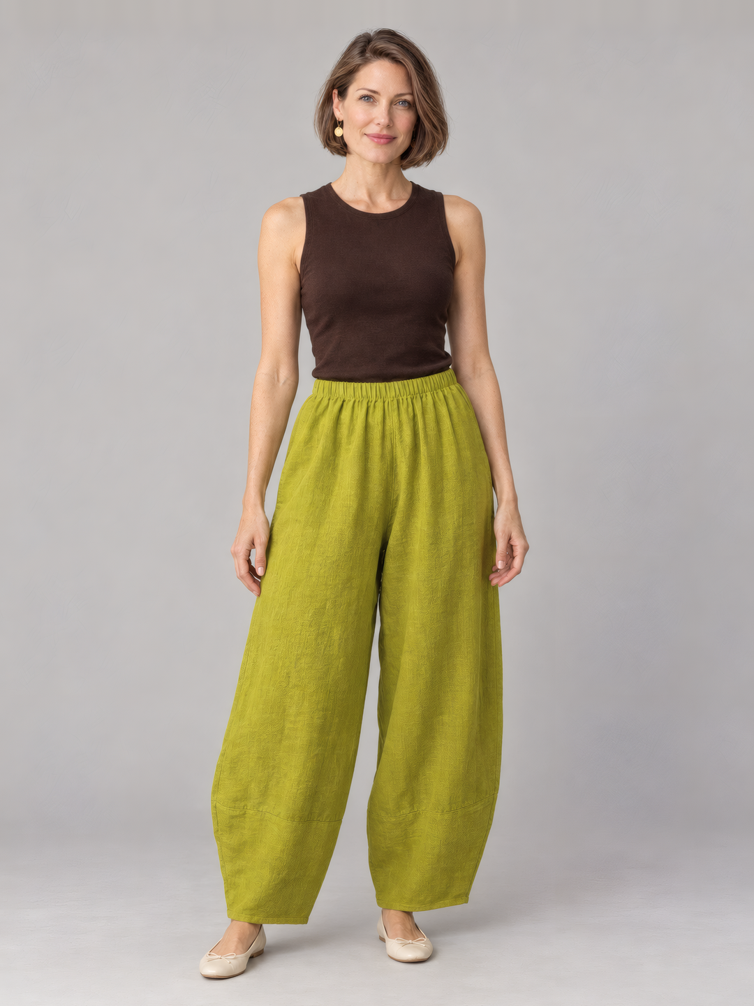 Bryn Walker Heavy Linen Oliver Pant in Gooseberry, front view on model