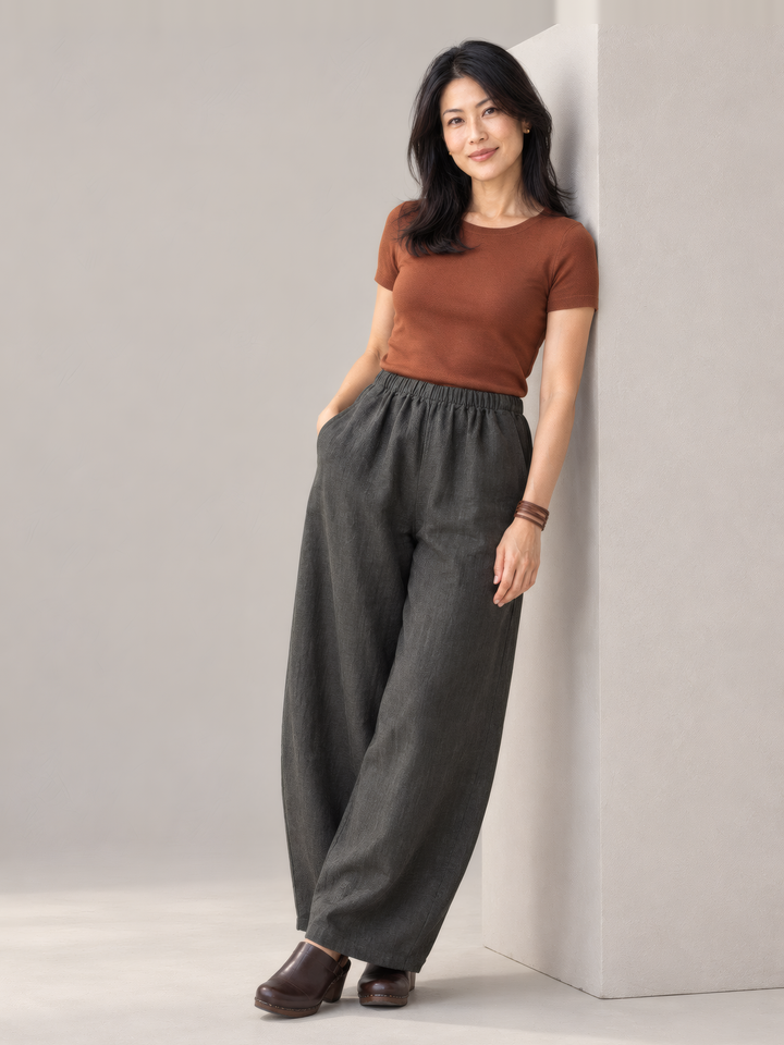 Bryn Walker Heavy Linen Oliver Pant in Kelp, front view on model