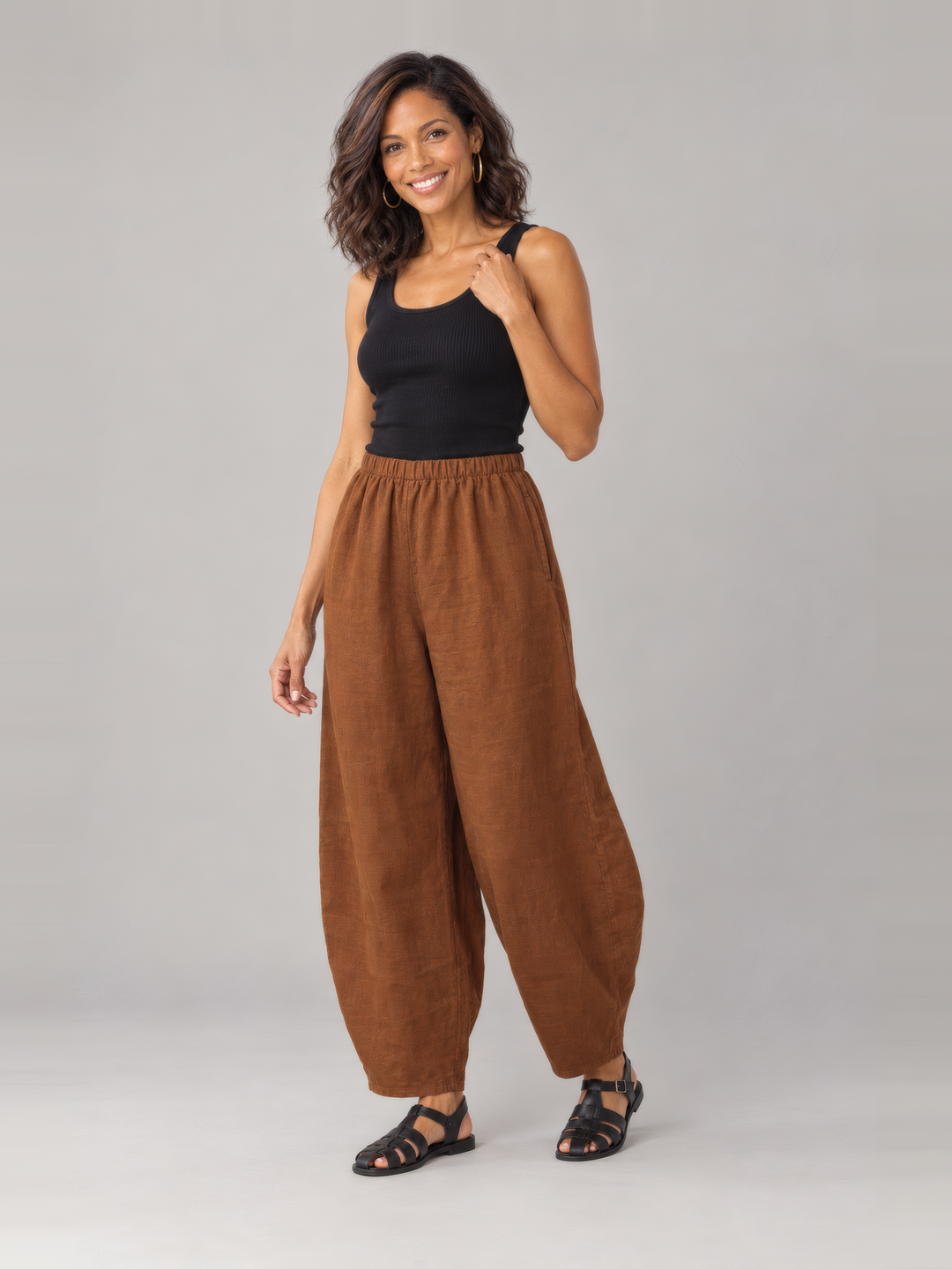 Bryn Walker Heavy Linen Oliver Pant in Pinecone, front view on model