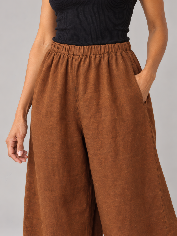 Bryn Walker Heavy Linen Oliver Pant in Pinecone, close up of the fabric and details