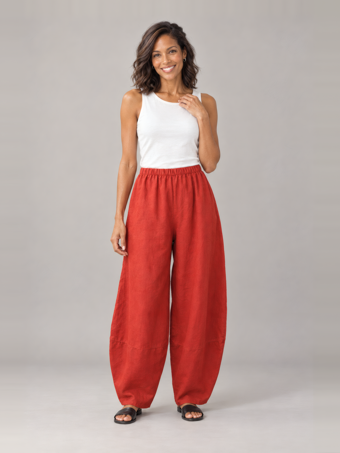 Bryn Walker Heavy Linen Oliver Pant in Rambutan, front view on model