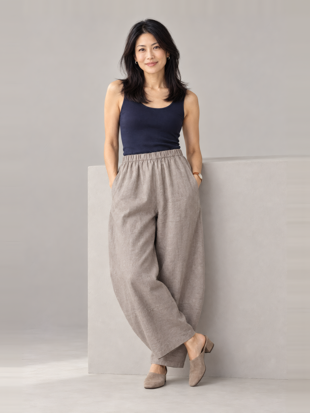 Bryn Walker Heavy Linen Oliver Pant in Sandpiper, front view on model