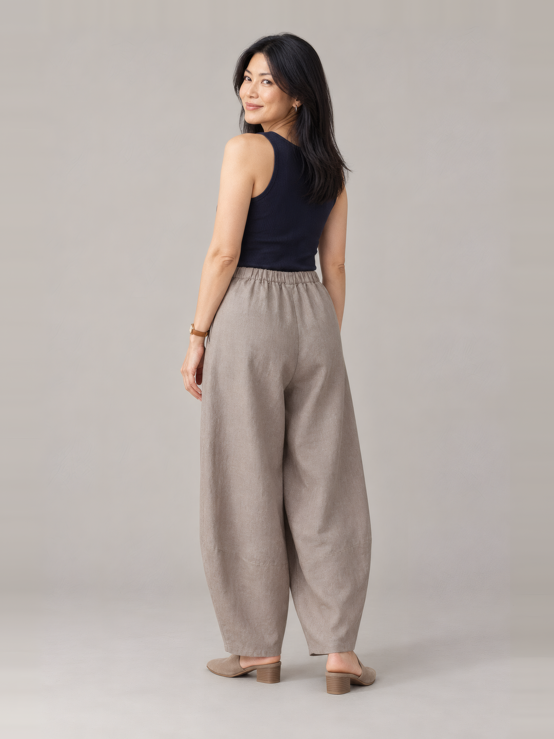 Bryn Walker Heavy Linen Oliver Pant in Sandpiper, back view on model